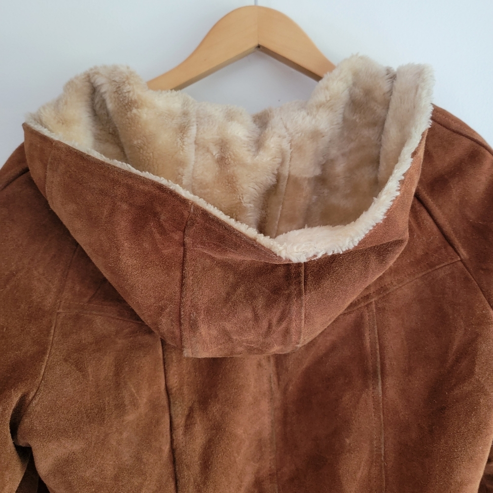 Vintage Shepler's Brown Suede Soft Shearling Lined Bomber Jacket 12* Small  Hood - Picture 10 of 16